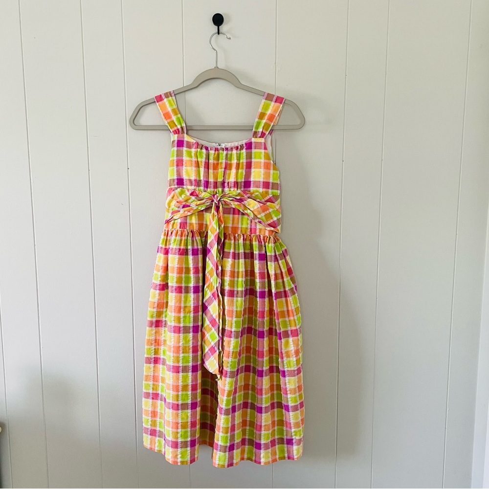 Bonnie Jean Pink, Yellow & Lime Plaid Sundress with Waist Tie